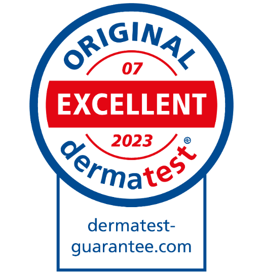 Dermatest Excellent 2023 certification logo on a white background