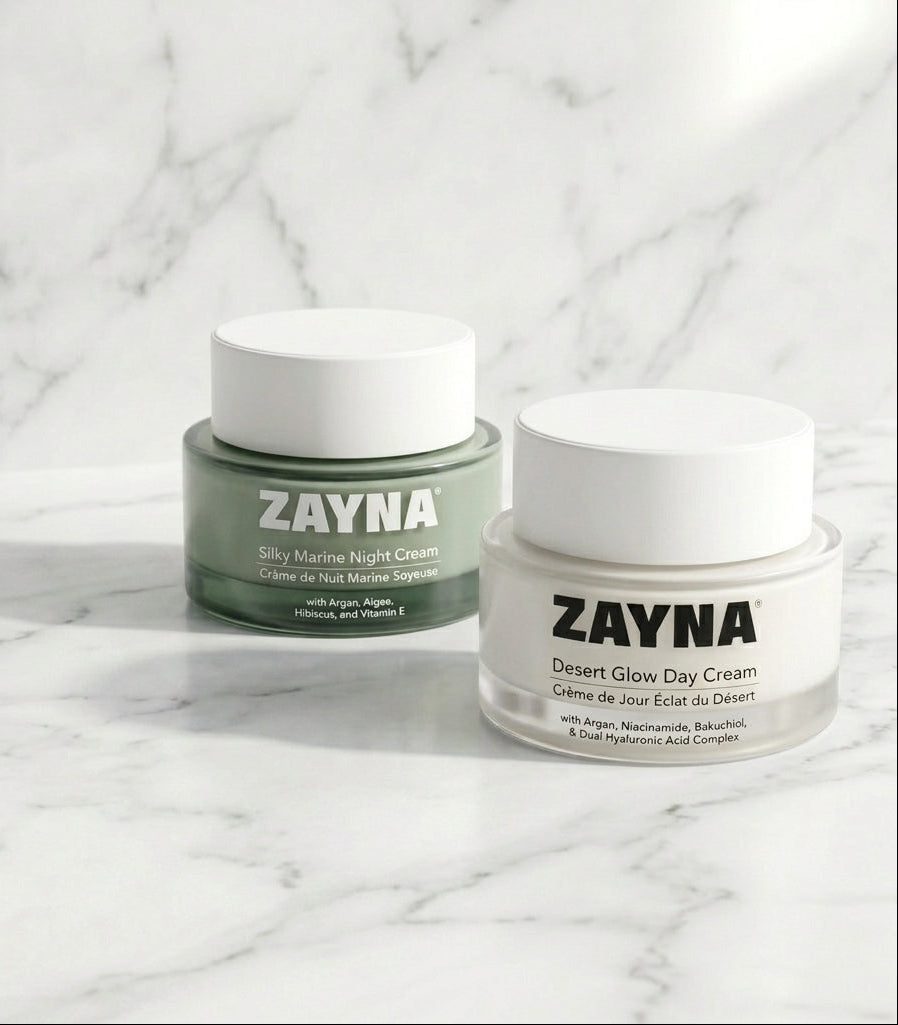ZAYNA Sable et Mer day and night cream set featuring Desert Glow day cream and Silky Marine night cream jars.
