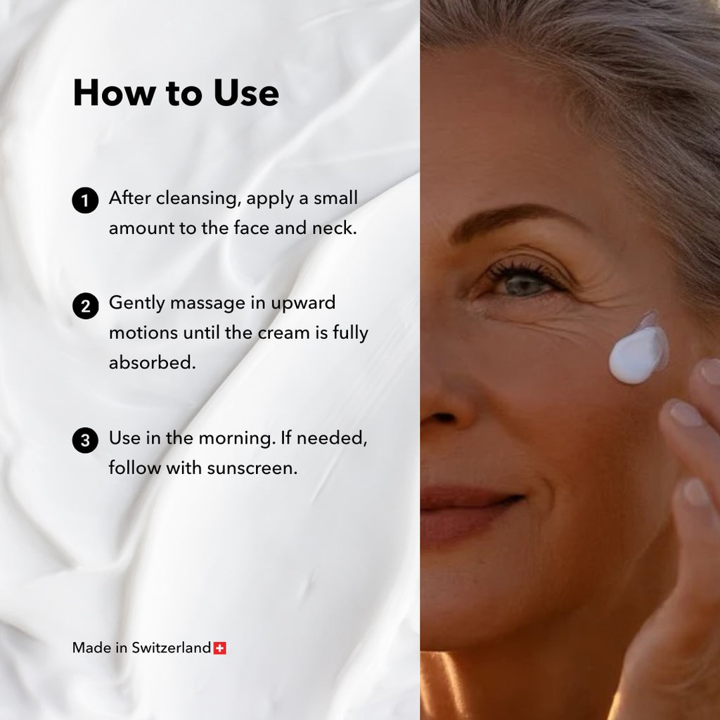 ZAYNA Desert Glow Day Cream applied to the cheek of a mature woman with instructions on how to use the product.