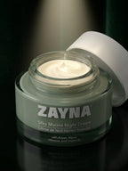 ZAYNA Silky Marine Night Cream in a sage green glass jar with a white lid, featuring a rich, creamy texture.
